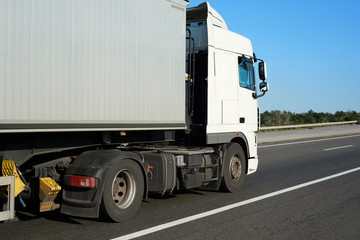 truck with container on the road, side view with clear blank space