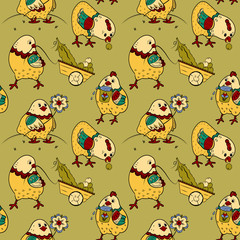 Seamless pattern with chicks, flowers and vegetables