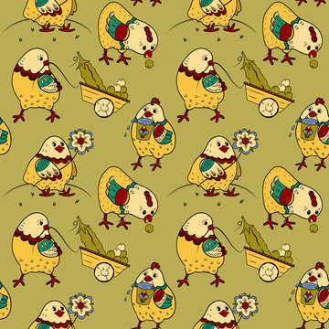 Seamless pattern with chicks, flowers and vegetables