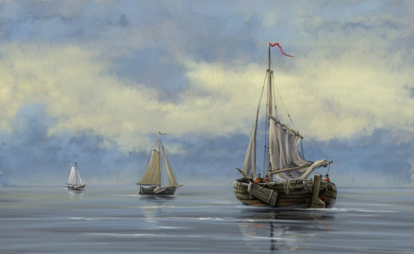 Paintings sea landscape, ships, boat, fisherman