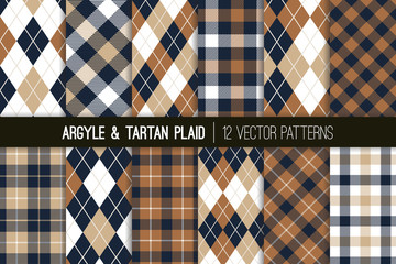 Brown, Tan and Navy Blue Argyle and Tartan Plaid Vector Patterns. Hipster Fall Fashion Prints. Father's Day Backgrounds. Shades of Brown and Beige. Repeating Tile Swatches Included. - 214136272