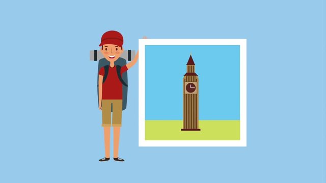 tourist man with photos famous places animation