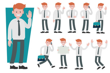 Set of businessman cartoon character design with different poses, isolated against white background