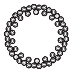 Black and white round frame with abstract flower silhouettes. 