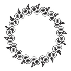 Black and white round frame with abstract flower silhouettes. 