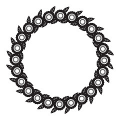 Black and white round frame with abstract flower silhouettes. 