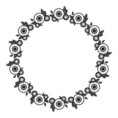 Black and white round frame with abstract flower silhouettes. 