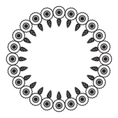 Black and white round frame with abstract flower silhouettes. 