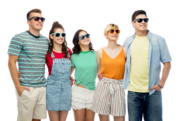 friendship, summer and people concept - group of happy smiling friends in sunglasses hugging over white background