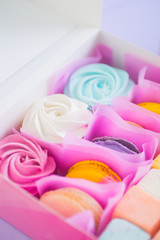 Closeup colorful set of different sweet marshmallow and macaroons