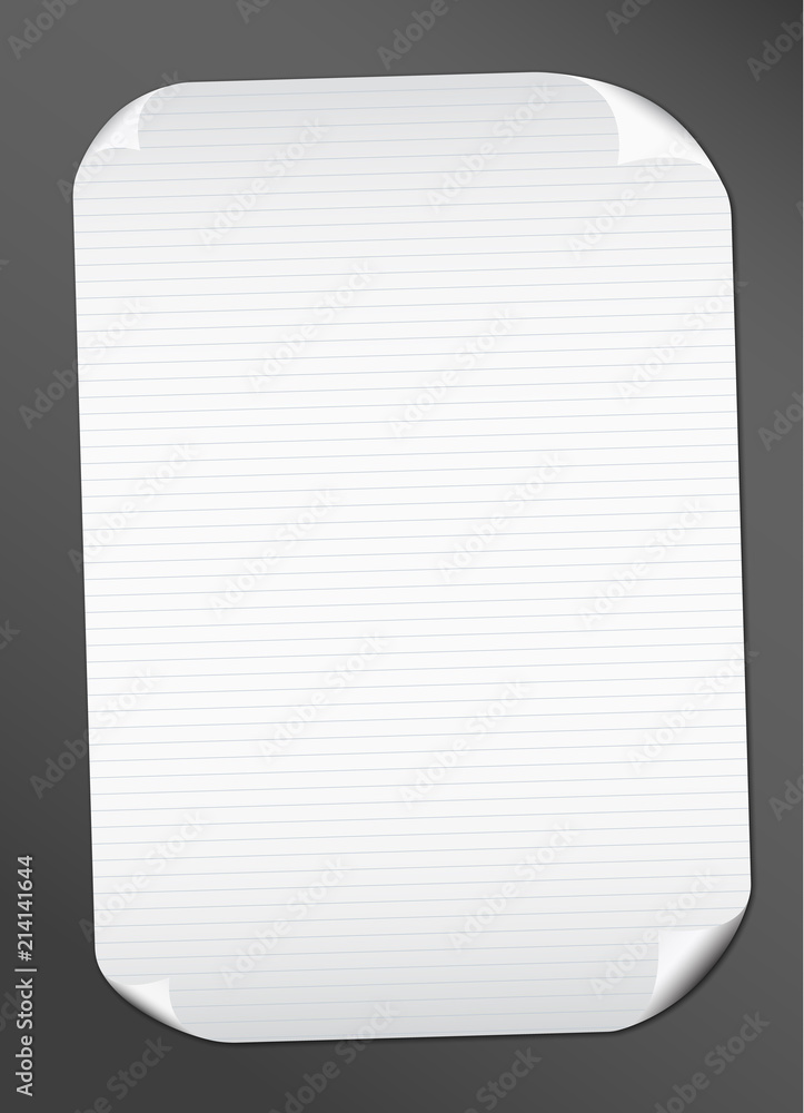 Poster white lined notebook paper with curled corners for text or advertising message on black background