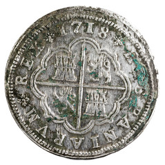 Ancient Spanish silver coin of the King Felipe V. 1718. Coined in Segovia. 2 reales. Reverse.
