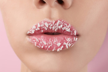 Lips of beautiful young woman with creative makeup, closeup