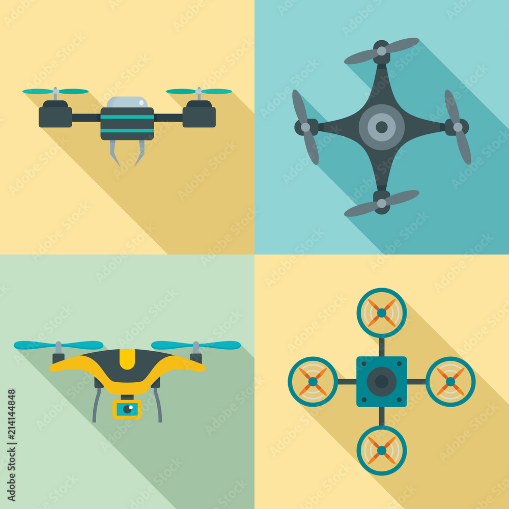 Aufkleber drone delivery camera quadcopter icons set. flat illustration of 4 drone delivery camera quadcopter 
