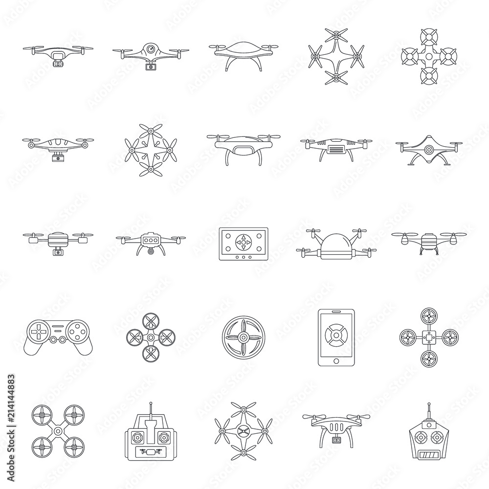 Poster drone delivery camera quadcopter icons set. outline illustration of 25 drone delivery camera quadcop