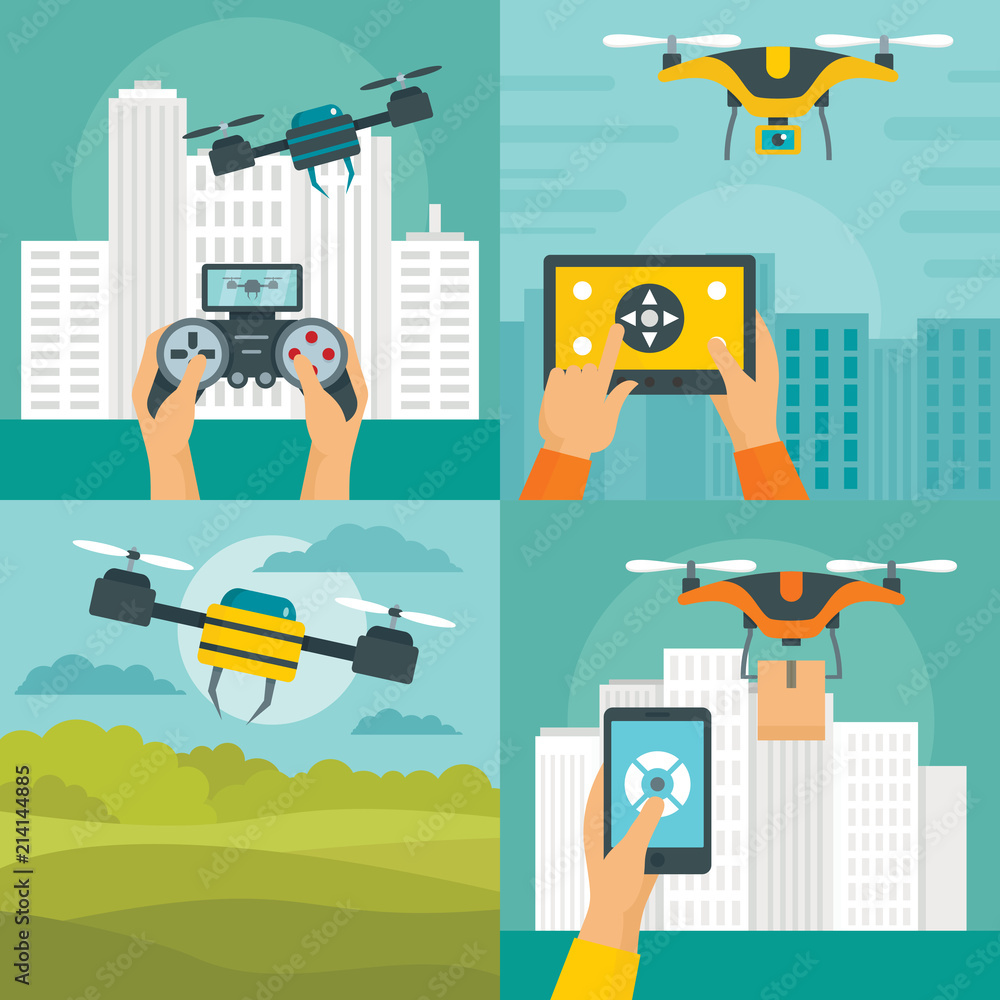 Poster drone camera quadcopter banner concept set. flat illustration of 4 drone camera quadcopter vector ba