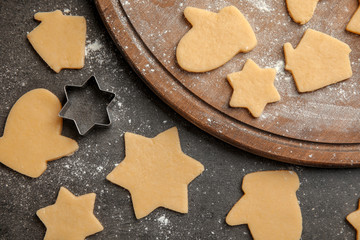 Raw Christmas cookies on table, top view. Festive treats