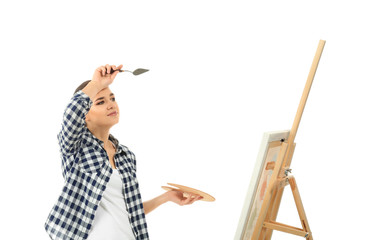 Tired female artist with drawing easel on white background