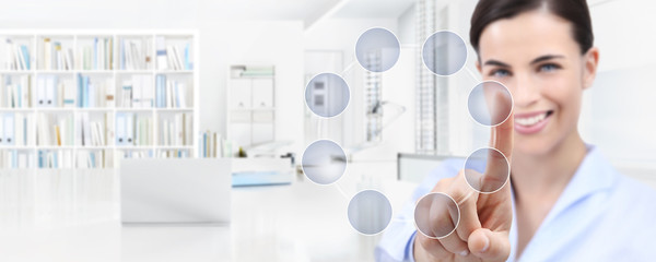 office business work concept, hand of smiling woman touch screen empty icons, web banner and copy space template