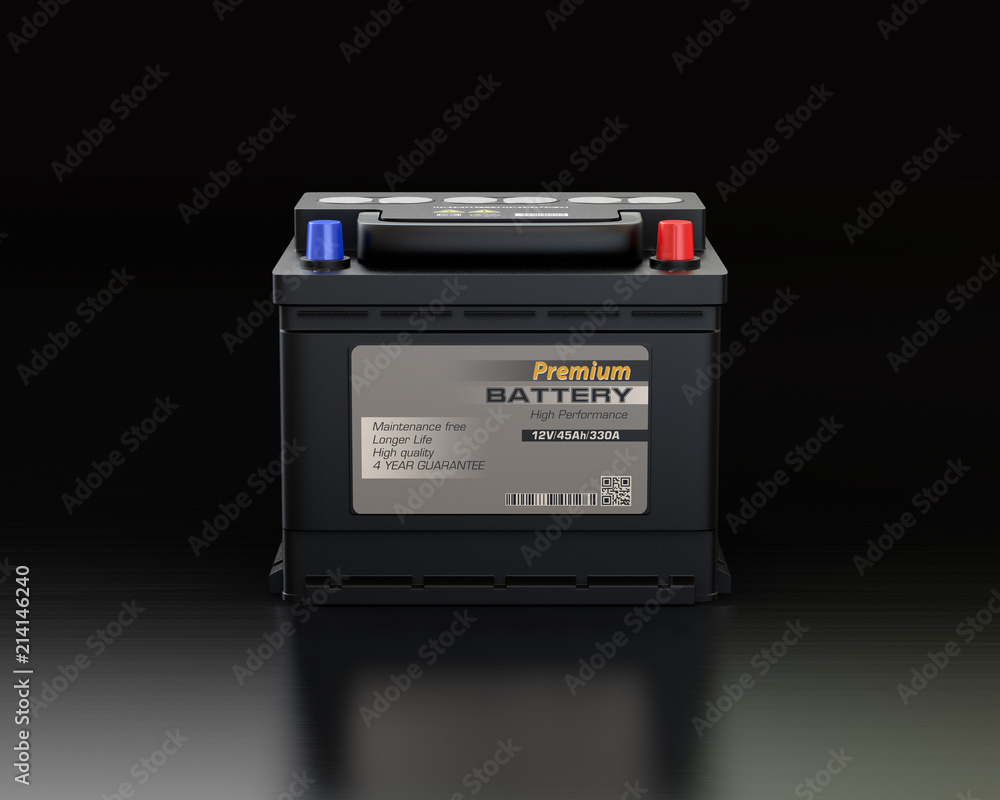 Poster front view of generic maintenance-free car battery on black background. 3d rendering image.