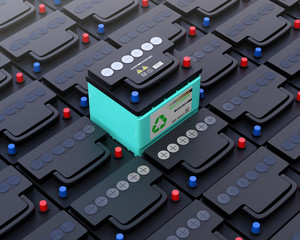 Ecology car battery pop up from other normal battery. Long-life maintenance free battery concept. 3D rendering image.