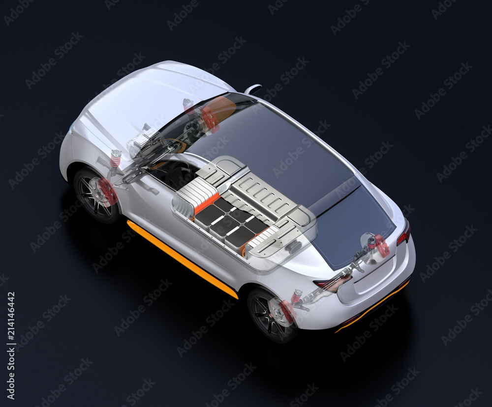 Poster transparent view of electric suv car with suspension, steering system and battery package in cutaway