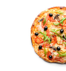 Tasty Italian pizza with olives on white background