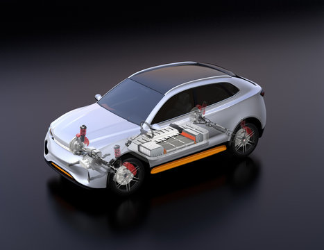 Transparent view of electric SUV car with suspension, steering system and battery package in cutaway mode. Black background and isometric view. 3D rendering image.