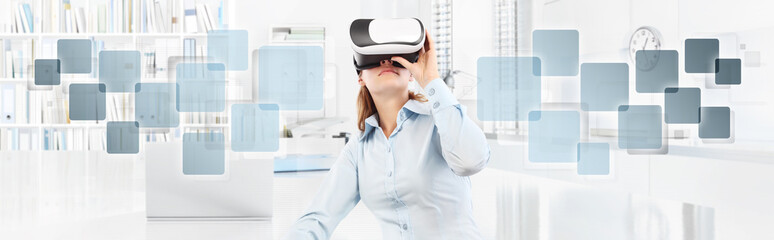 Woman wearing virtual reality glasses in office, with empty icons, web banner copy space