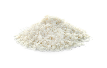 Raw rice flakes on white background. Healthy grains and cereals