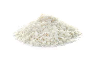 Poster Raw rice flakes on white background. Healthy grains and cereals © New Africa