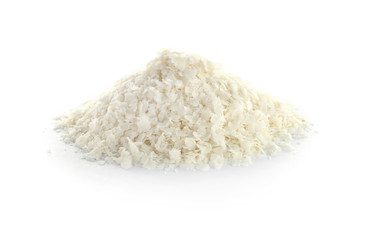 Raw rice flakes on white background. Healthy grains and cereals