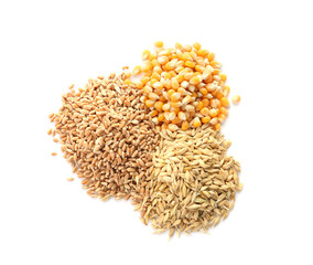 Different types of grains and cereals on white background