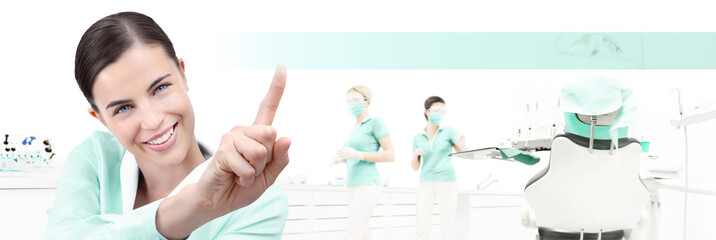 dental care concept, beautiful smiling woman on dentist clinic background with dentist's chair, pointing finger, web banner template