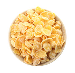Bowl with corn flakes on white background. Healthy grains and cereals