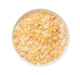 Bowl with muesli and milk on white background. Healthy grains and cereals