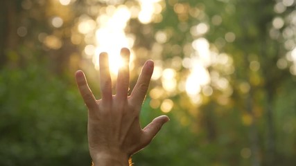 Man reach out hand to sun shine, close up