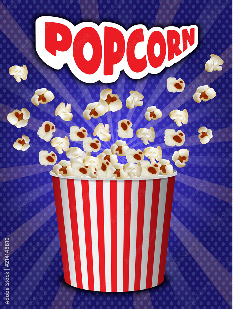 Poster popcorn explosion concept background. realistic illustration of popcorn explosion vector concept bac