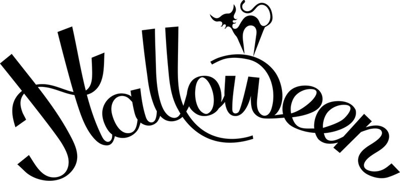 Black Halloween lettering with cat on white paper background.