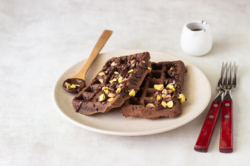 Chocolate belgian waffles decorated with melted chocolate and pistachios on a plate and light background.