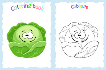 Coloring book page for  children with colorful cabbage  and sket