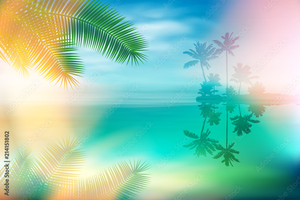 Wall mural Summer sea with island and palm trees and palm leaves. EPS10 vector.