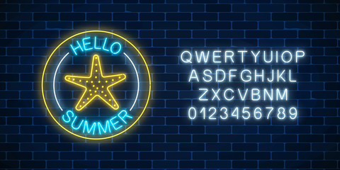 Glowing neon sign of hello summer banner with sea star symbol and alphabet in circle frames. Summer leisure club emblem