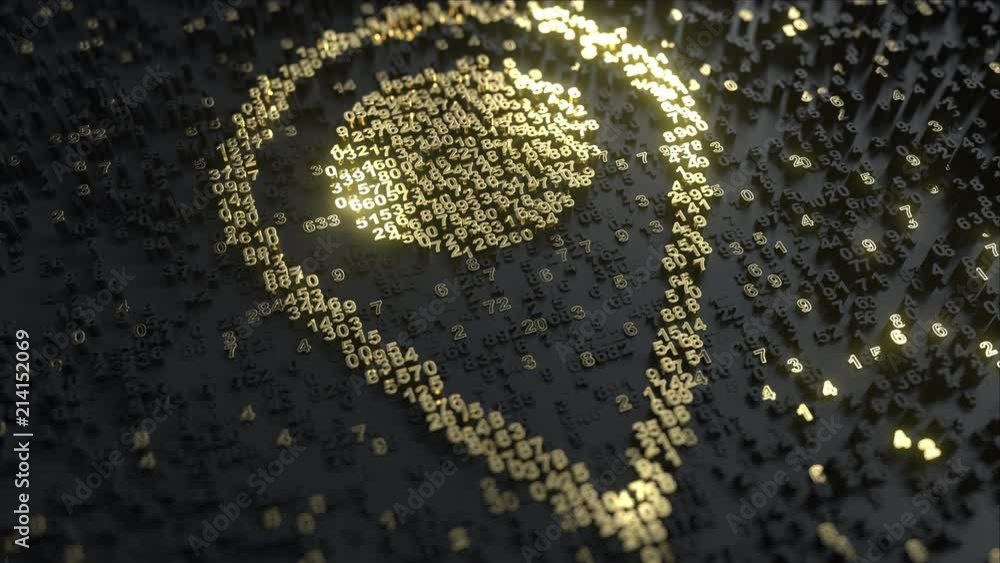 Poster geotag or location pin made of gold numbers. navigation related 3d animation