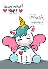Obraz na płótnie Canvas Sleeping cute unicorn/ Vector unicorn / Cute Cartoon Unicorn with pink wings / Dream like a unicorn invitation card