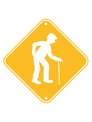 gelb schild achtung danger gefahr vorsicht hinweis warnung stock hut gehen rücken opa großvater alt rente enkel mann geburtstag silhouette schwarz umriss schatten