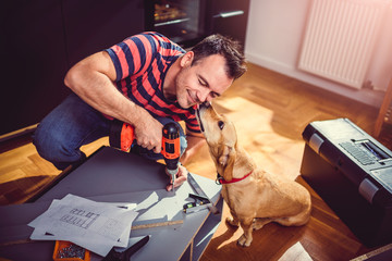 Man with dog building kitchen cabinets and using a cordless drill