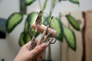 Pottery tools like loops and fettling knives in a hand like a bouquette in a ceramic workshop.