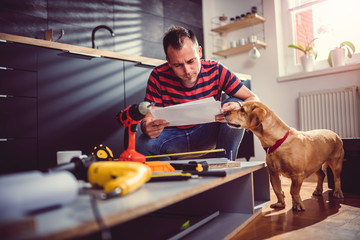Man with dog checking blueprints while building kitchen cabinets