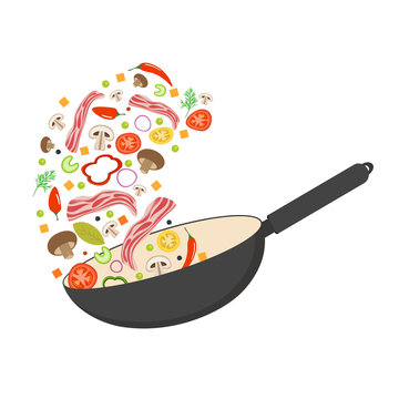 Wok pan, tomato, paprika, pepper, mushroom and bacon. Asian food. Flying vegetables with pork bacon. Flat vector illustration.